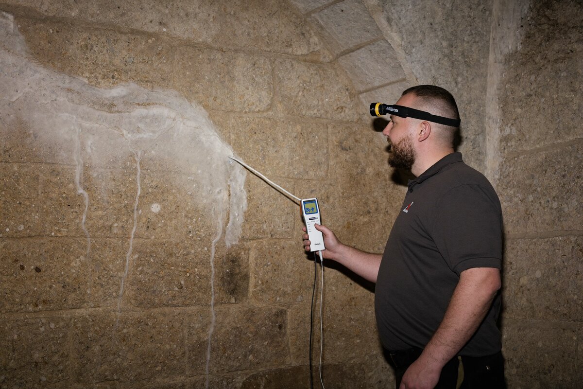Technicien qui mesure l'humidité d'un mur de cave couvert de salpêtre