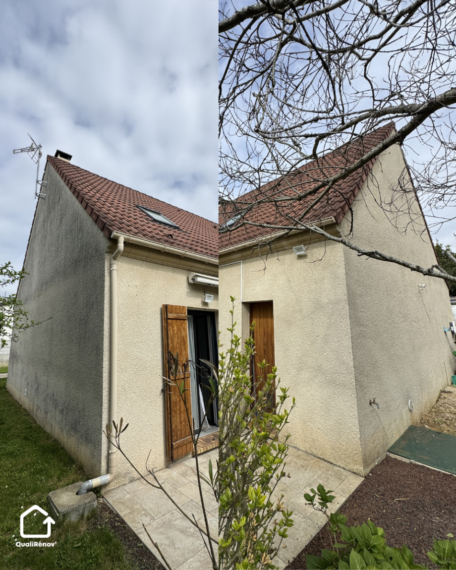 Façade d'un pavillon avant et après traitement, chantier QualiRénov'
