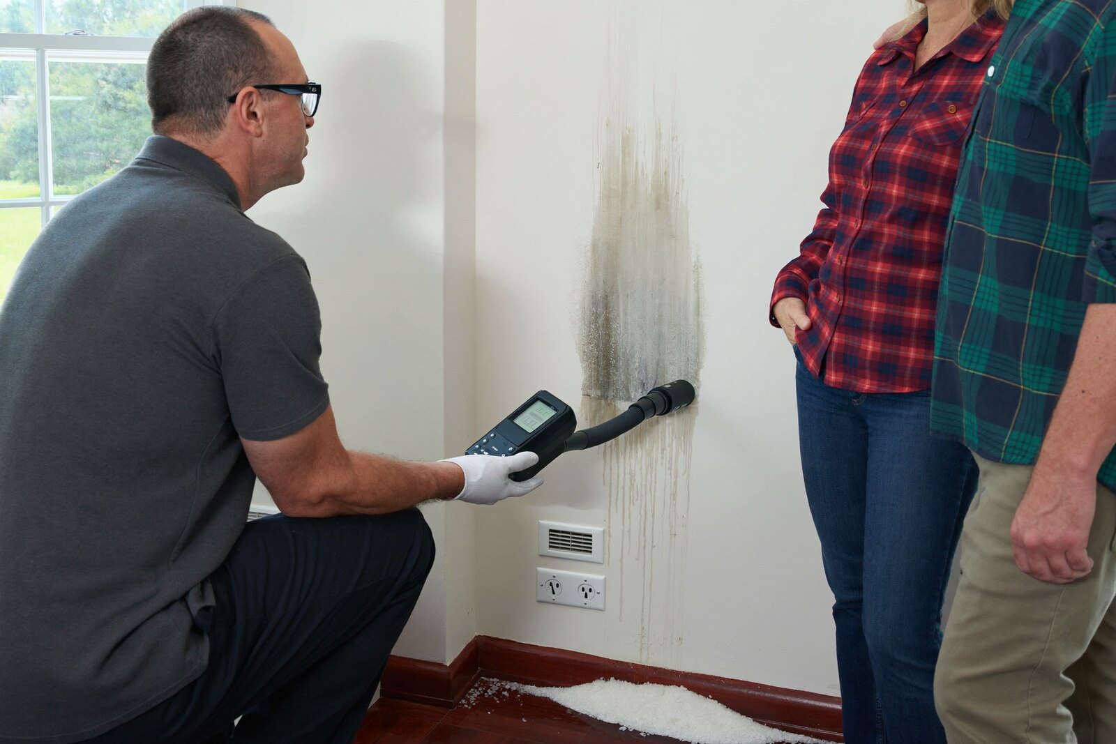 Technicien qui mesure l'humidité d'un mur moisi à l'hygromètre devant les propriétaires